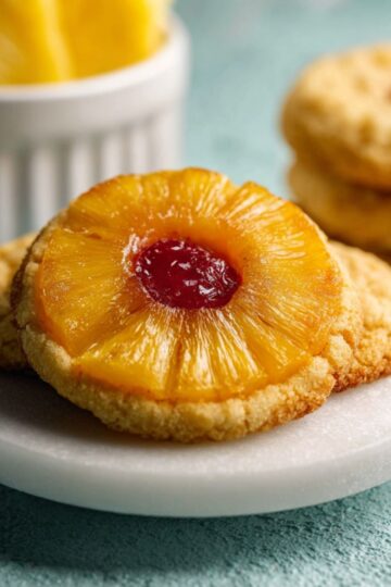 Glazed Pineapple Upside Down Cookies stacked on a marble plate with pineapple slices.