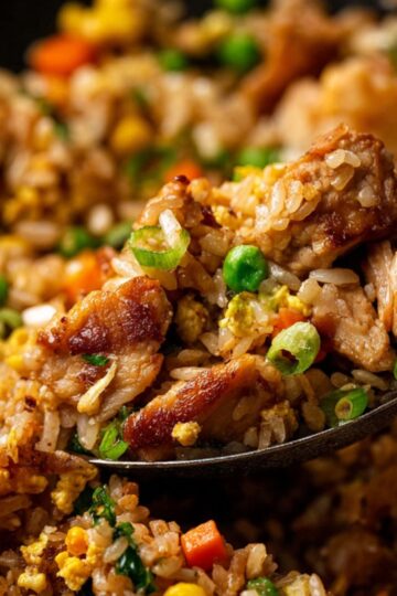 Toasted rice grains and seared chicken pieces with diced orange carrots.