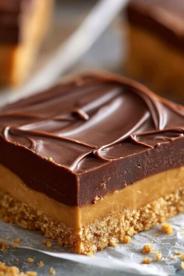 Chocolate peanut butter bars featuring a smooth swirled cocoa finish and crumbly base.