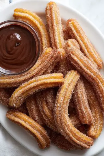 Churros Recipe 4 A white plate holding crispy churros recipe portions next to dark chocolate dip.