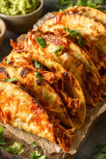 Close up of Crispy Chicken Tacos topped with fresh cilantro and melted cheese.