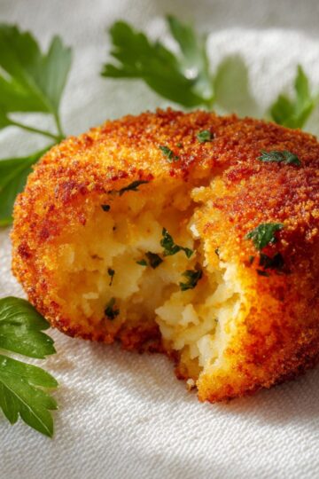 Interior texture of a crispy potato croquette on white linen napkin