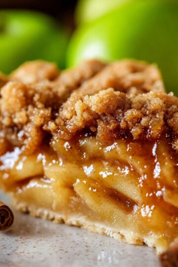 A single slice of Dutch Apple Pie featuring tender glazed apples and buttery streusel