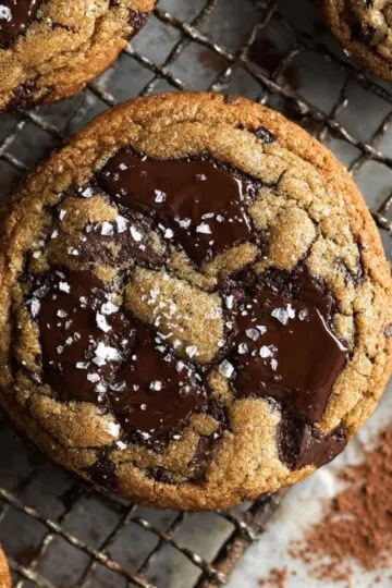 Overhead view of espresso chocolate chip cookies with glossy pools of dark chocolate.