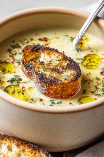 Spoon resting in creamy French garlic soup with a charred crouton and yellow oil.