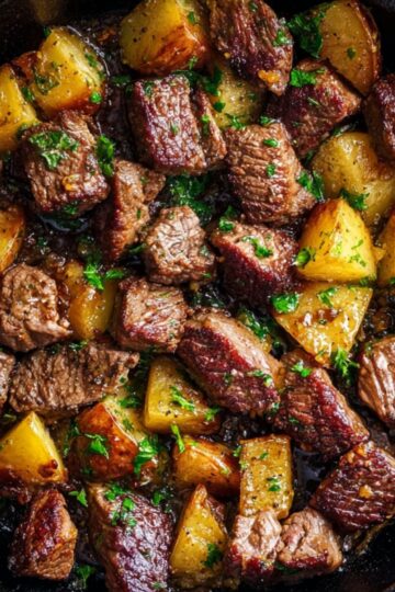 Cast iron skillet filled with glistening garlic steak bites and potatoes garnished with parsley.