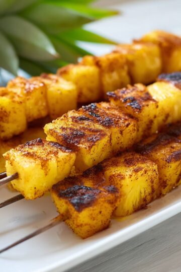 Charred grilled pineapple with cinnamon chunks arranged on skewers with fresh green leaves.