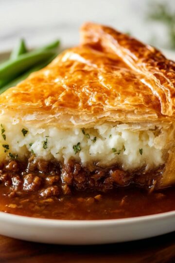 Hot slice of Guinness beef pie with mashed potatoes and thick dark gravy.