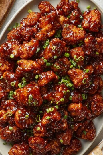 Platter of glistening honey bbq chicken bites garnished with chopped green onions.