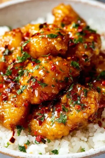 Sticky honey garlic chicken thigh pieces served over fluffy white rice in a bowl.