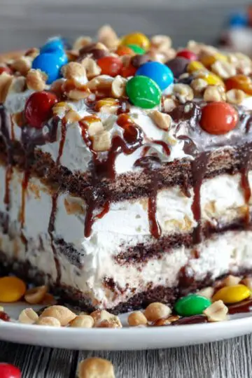 Ice Cream Sandwich Cake 8 A whole Ice Cream Sandwich Cake covered in whipped cream, colorful candies, and peanuts.