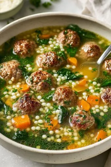 Spoon resting in warm Italian wedding soup with savory meatballs and tiny pasta.