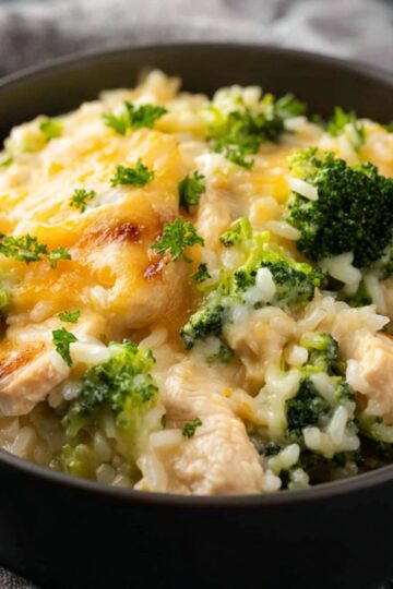 Black bowl filled with cheesy broccoli chicken and rice dinner and green florets.