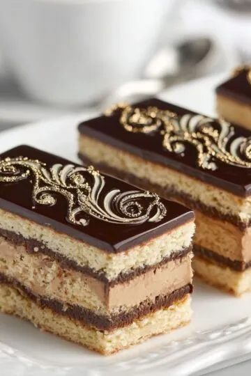 Slices of layered opera cake featuring shiny chocolate glaze and intricate gold decoration