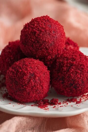 Stack of spherical red velvet cheesecake bites on white dessert plate