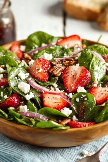 Fresh spinach strawberry salad featuring red berries, cheese crumbles, and crunchy pecans.