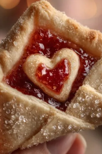 Hand holding single strawberry letters pastry with heart cutout and sugar crunch