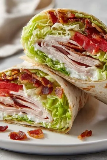 Sliced turkey ranch club resting on a white plate surrounded by crispy bacon bits.