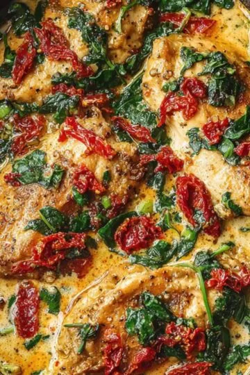 Glossy Tuscan slow cooker chicken thighs surrounded by wilted green spinach and red tomatoes.