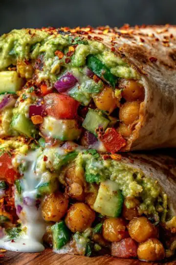 Halved vegan veggie wraps on wood showing crispy crust and creamy dripping sauce.