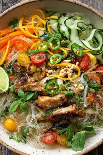 A hearty vermicelli noodle bowl loaded with fresh herbs, peanuts, and glazed protein.