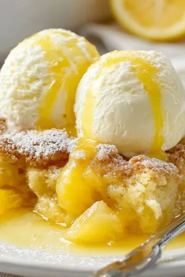 A warm slice of Lemon Cream Cheese Dump Cake features a crumbly topping over yellow fruit.