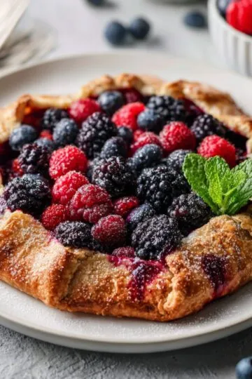 A beautiful, golden-brown baked mixed berry galette oozing with thick purple fruit filling sits on a parchment-lined baking tray.