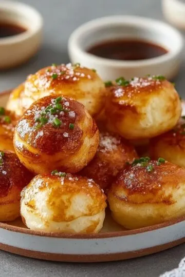 Warm Pancake Poppers topped with melting butter and a heavy drizzle of maple syrup sit on a plate.