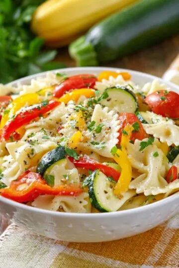 A wide, elegant serving bowl filled with freshly tossed pasta primavera, showcasing bright vegetables and a light dusting of parmesan cheese.