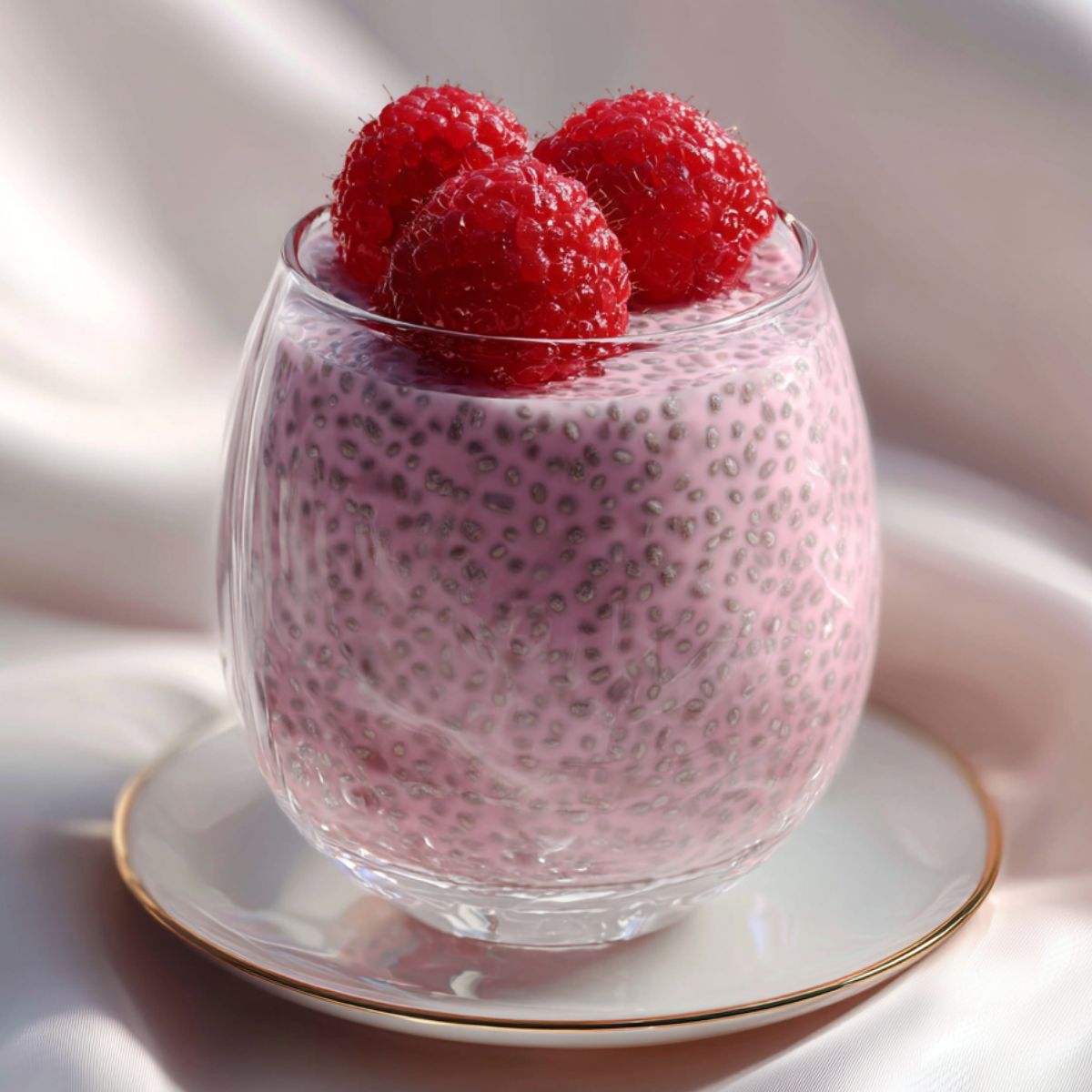 Raspberry Chia Seed Pudding 9 Two small glass jars filled with thick, pink raspberry chia pudding, garnished with fresh raspberries and mint leaves.