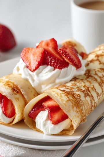 Two folded Strawberry and Cream Cheese Crepes topped with whipped cream and sliced berries on a white plate.