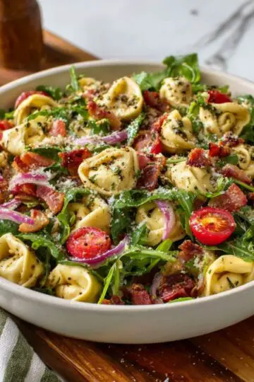 A bowl filled with cold tortellini pasta salad featuring juicy cherry tomatoes, mozzarella pearls, and green herbs.