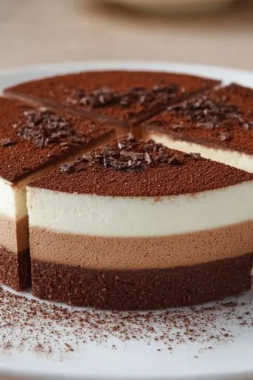 A chilled slice of Triple Chocolate Mousse Cake features a dark base, milk chocolate center, and white top layer.