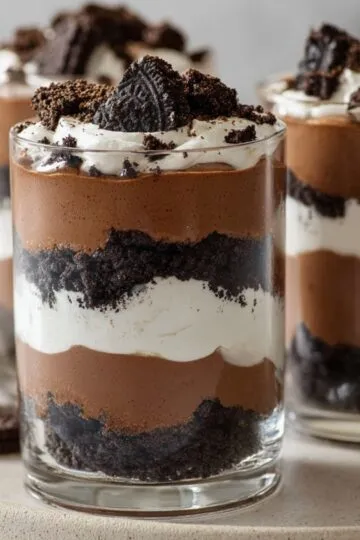 A beautiful glass dessert cup filled with alternating layers of rich chocolate pudding, cookie crumbles, and whipped cream, topped with chocolate shavings.